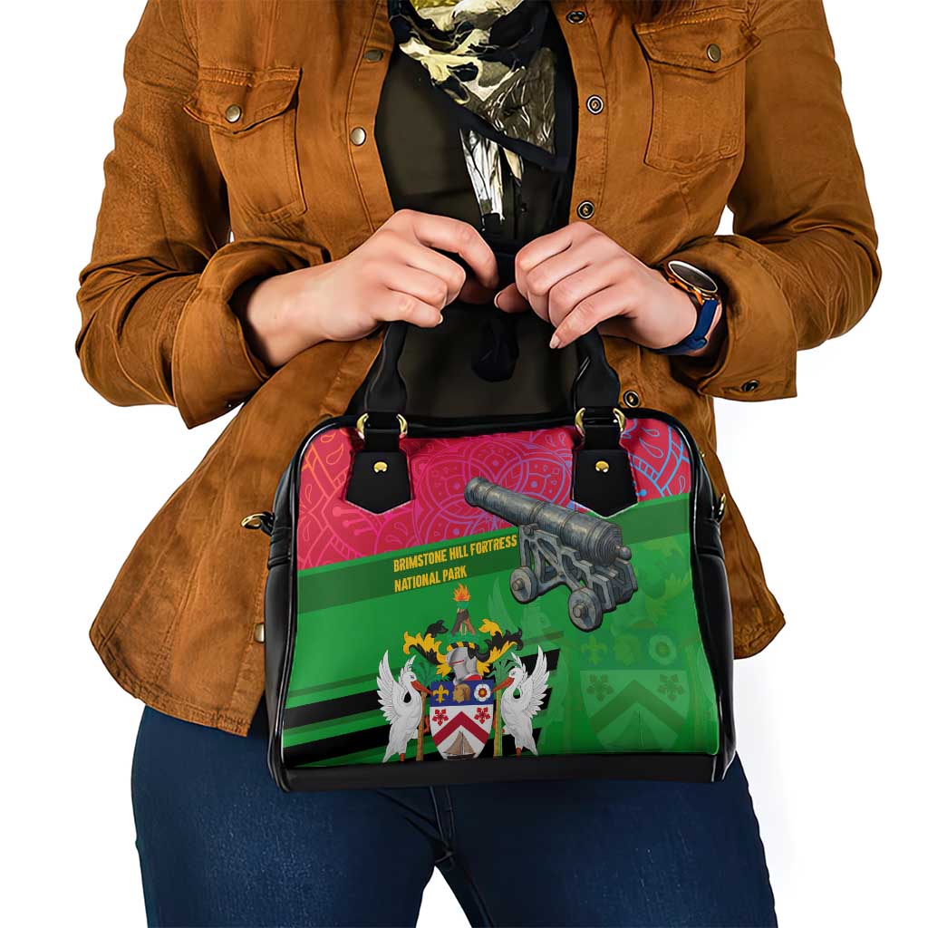Saint Kitts and Nevis Apparel Shoulder Handbag with National Coat of Arms and Cannon Graphic in Red and Green Cultural Pattern Design - Wonder Print Shop