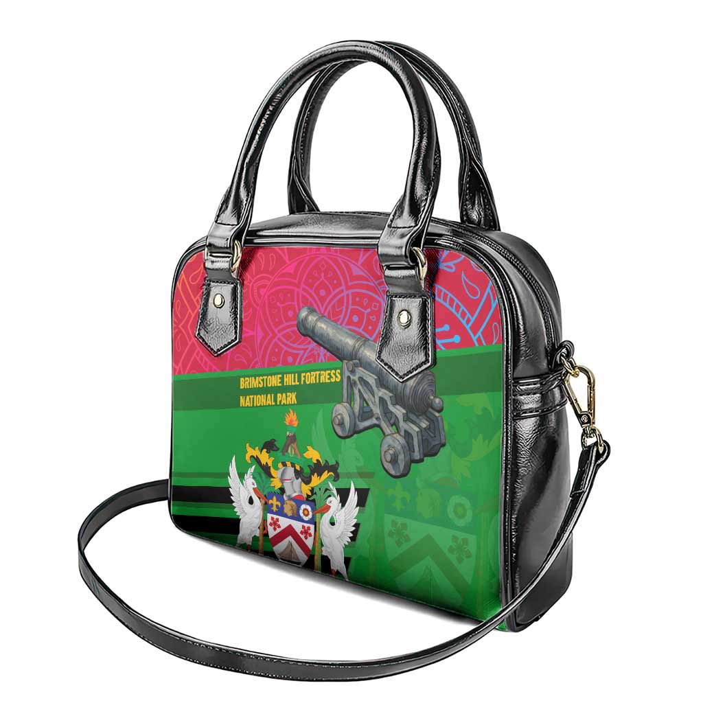 Saint Kitts and Nevis Apparel Shoulder Handbag with National Coat of Arms and Cannon Graphic in Red and Green Cultural Pattern Design - Wonder Print Shop