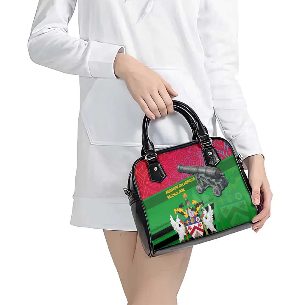 Saint Kitts and Nevis Apparel Shoulder Handbag with National Coat of Arms and Cannon Graphic in Red and Green Cultural Pattern Design - Wonder Print Shop
