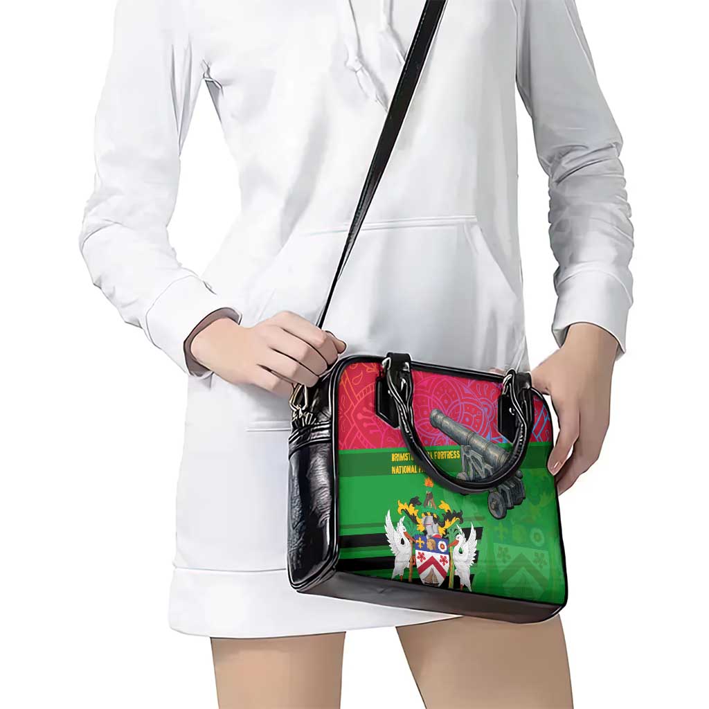 Saint Kitts and Nevis Apparel Shoulder Handbag with National Coat of Arms and Cannon Graphic in Red and Green Cultural Pattern Design - Wonder Print Shop