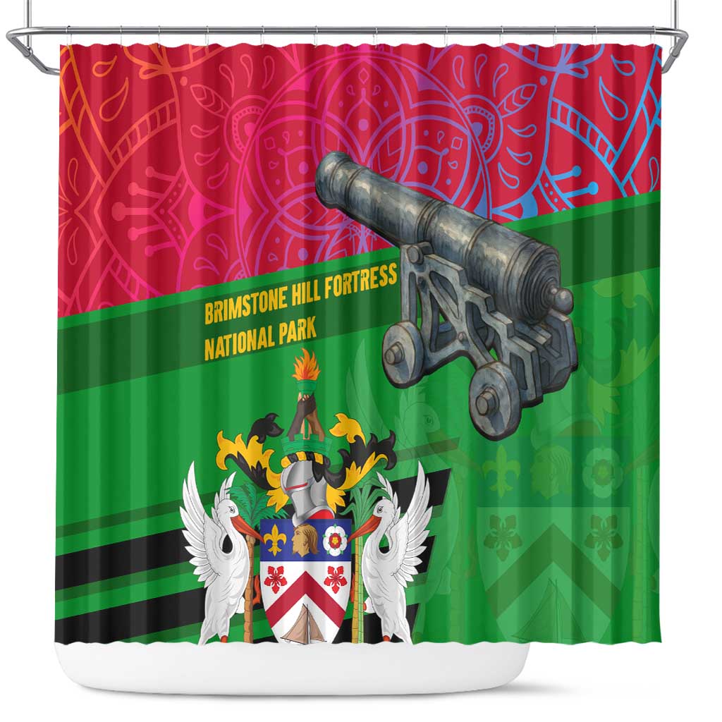 Saint Kitts and Nevis Apparel Shower Curtain with National Coat of Arms and Cannon Graphic in Red and Green Cultural Pattern Design - Wonder Print Shop