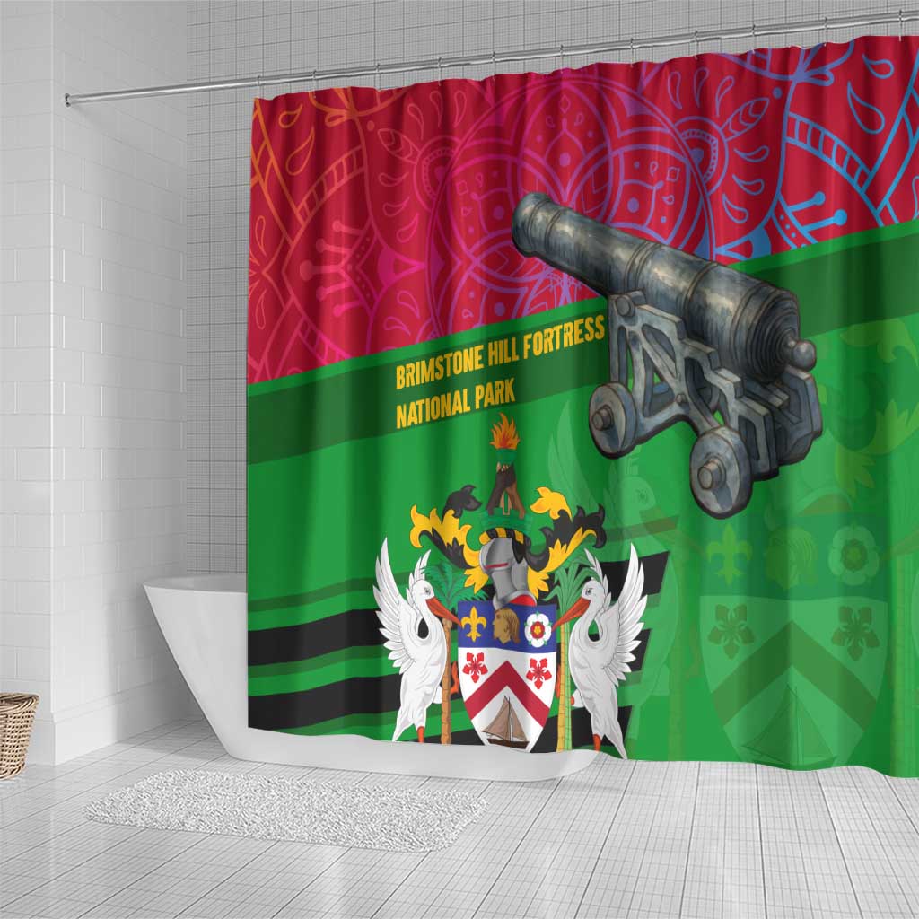 Saint Kitts and Nevis Apparel Shower Curtain with National Coat of Arms and Cannon Graphic in Red and Green Cultural Pattern Design - Wonder Print Shop