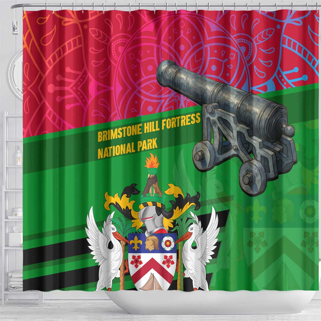 Saint Kitts and Nevis Apparel Shower Curtain with National Coat of Arms and Cannon Graphic in Red and Green Cultural Pattern Design - Wonder Print Shop