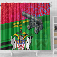 Saint Kitts and Nevis Apparel Shower Curtain with National Coat of Arms and Cannon Graphic in Red and Green Cultural Pattern Design - Wonder Print Shop