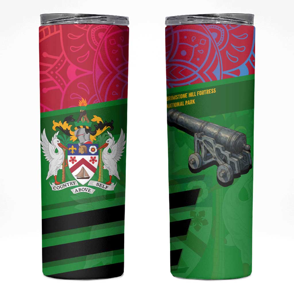 Saint Kitts and Nevis Apparel Skinny Tumbler with National Coat of Arms and Cannon Graphic in Red and Green Cultural Pattern Design - Wonder Print Shop