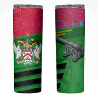Saint Kitts and Nevis Apparel Skinny Tumbler with National Coat of Arms and Cannon Graphic in Red and Green Cultural Pattern Design - Wonder Print Shop