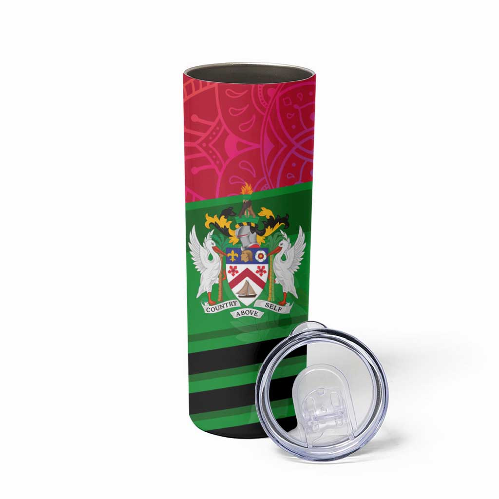 Saint Kitts and Nevis Apparel Skinny Tumbler with National Coat of Arms and Cannon Graphic in Red and Green Cultural Pattern Design - Wonder Print Shop