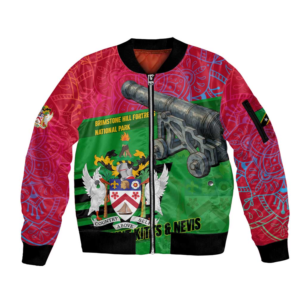 Saint Kitts and Nevis Apparel Sleeve Zip Bomber Jacket with National Coat of Arms and Cannon Graphic in Red and Green Cultural Pattern Design - Wonder Print Shop