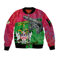 Saint Kitts and Nevis Apparel Sleeve Zip Bomber Jacket with National Coat of Arms and Cannon Graphic in Red and Green Cultural Pattern Design - Wonder Print Shop