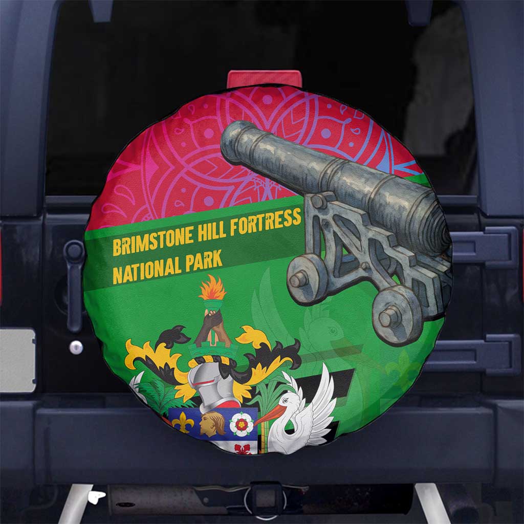 Saint Kitts and Nevis Apparel Spare Tire Cover with National Coat of Arms and Cannon Graphic in Red and Green Cultural Pattern Design - Wonder Print Shop