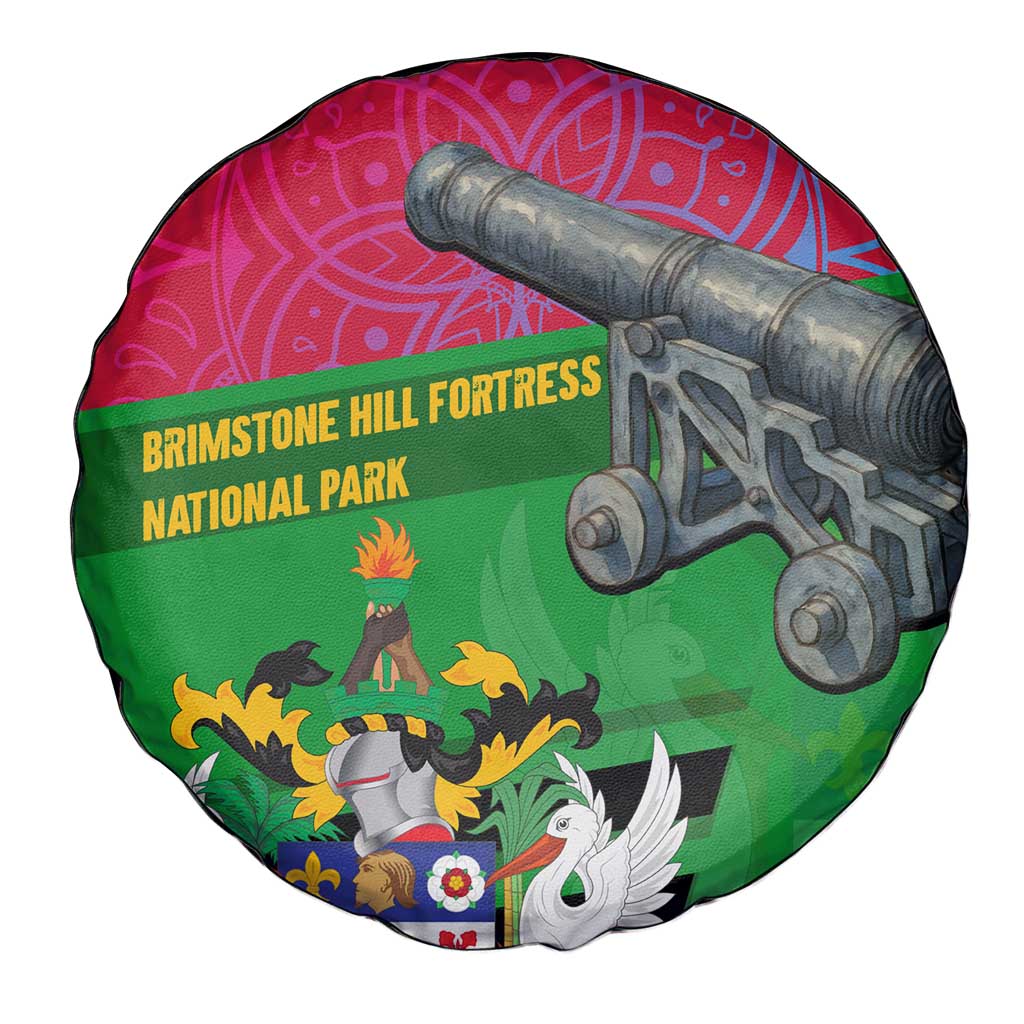 Saint Kitts and Nevis Apparel Spare Tire Cover with National Coat of Arms and Cannon Graphic in Red and Green Cultural Pattern Design - Wonder Print Shop