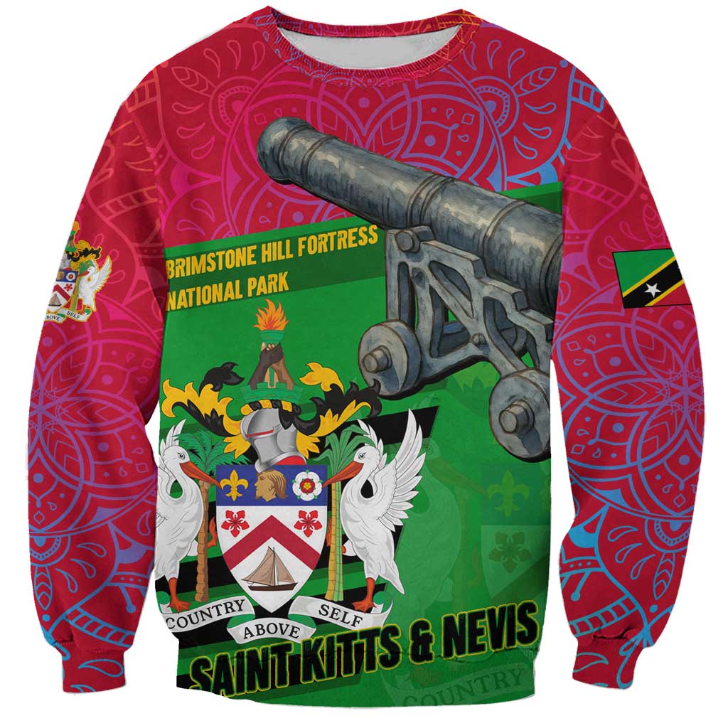 Saint Kitts and Nevis Apparel Sweatshirt with National Coat of Arms and Cannon Graphic in Red and Green Cultural Pattern Design - Wonder Print Shop