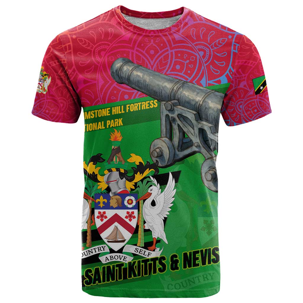 Saint Kitts and Nevis Apparel T Shirt with National Coat of Arms and Cannon Graphic in Red and Green Cultural Pattern Design - Wonder Print Shop