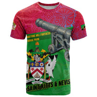 Saint Kitts and Nevis Apparel T Shirt with National Coat of Arms and Cannon Graphic in Red and Green Cultural Pattern Design - Wonder Print Shop