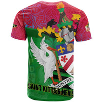 Saint Kitts and Nevis Apparel T Shirt with National Coat of Arms and Cannon Graphic in Red and Green Cultural Pattern Design - Wonder Print Shop