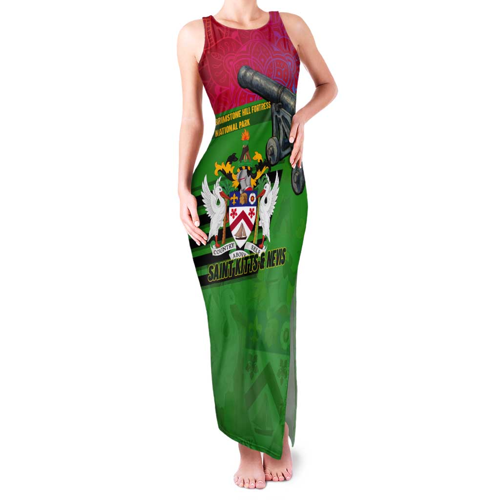 Saint Kitts and Nevis Apparel Tank Maxi Dress with National Coat of Arms and Cannon Graphic in Red and Green Cultural Pattern Design - Wonder Print Shop