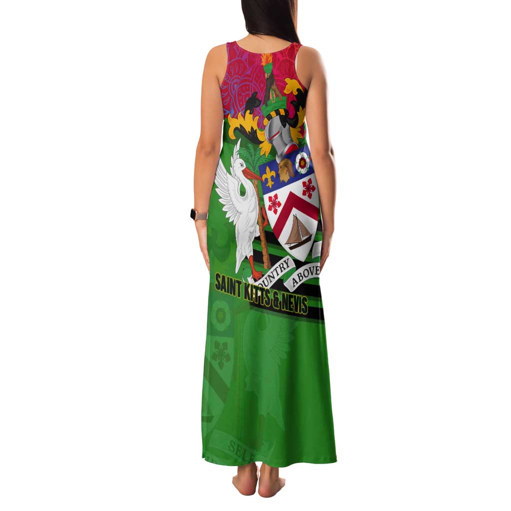 Saint Kitts and Nevis Apparel Tank Maxi Dress with National Coat of Arms and Cannon Graphic in Red and Green Cultural Pattern Design - Wonder Print Shop