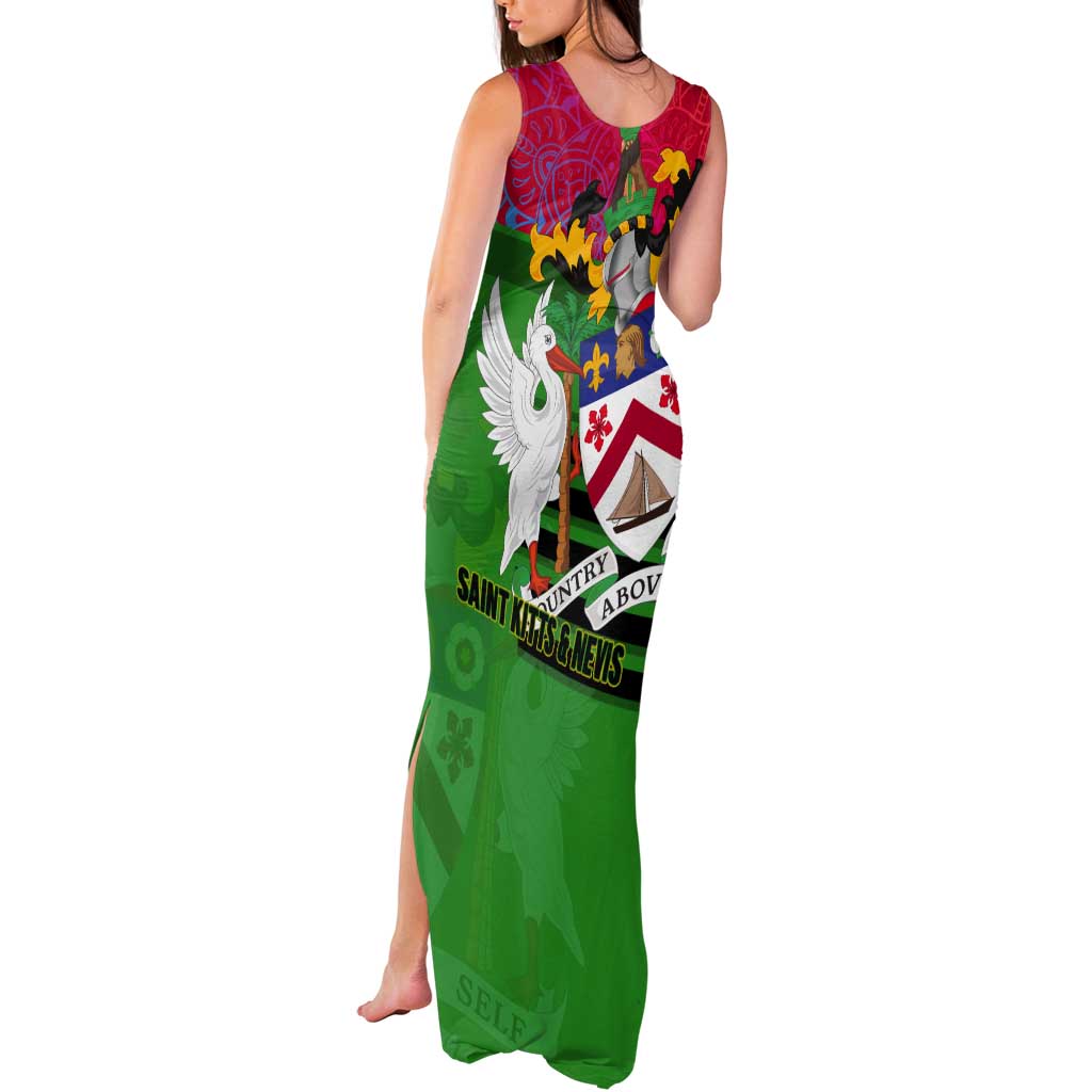 Saint Kitts and Nevis Apparel Tank Maxi Dress with National Coat of Arms and Cannon Graphic in Red and Green Cultural Pattern Design - Wonder Print Shop
