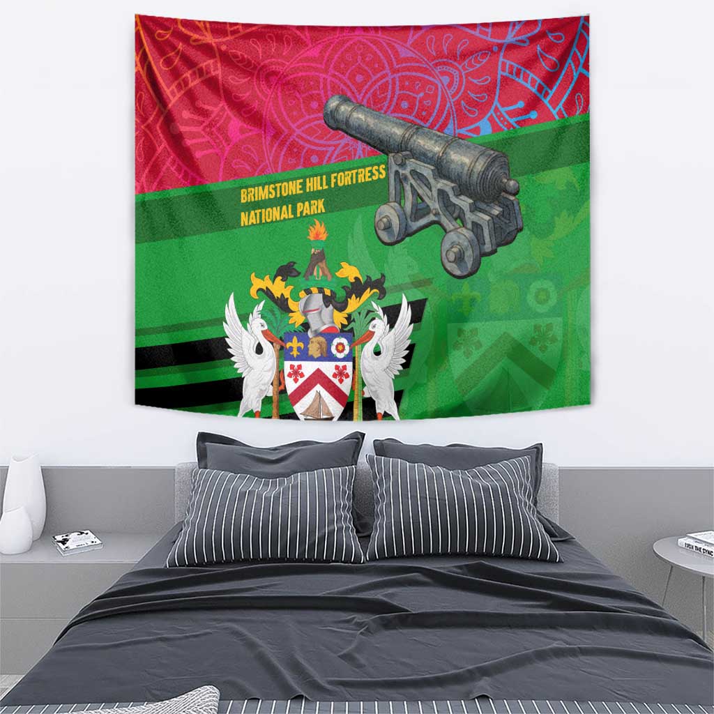 Saint Kitts and Nevis Apparel Tapestry with National Coat of Arms and Cannon Graphic in Red and Green Cultural Pattern Design - Wonder Print Shop