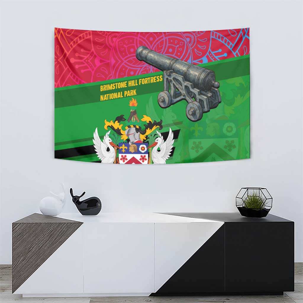 Saint Kitts and Nevis Apparel Tapestry with National Coat of Arms and Cannon Graphic in Red and Green Cultural Pattern Design - Wonder Print Shop