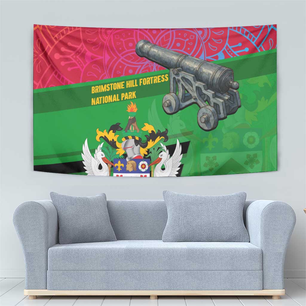 Saint Kitts and Nevis Apparel Tapestry with National Coat of Arms and Cannon Graphic in Red and Green Cultural Pattern Design - Wonder Print Shop