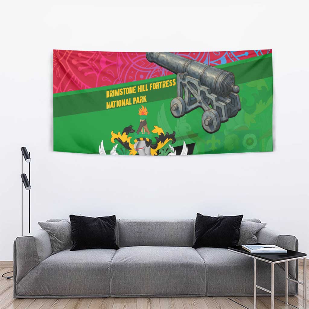 Saint Kitts and Nevis Apparel Tapestry with National Coat of Arms and Cannon Graphic in Red and Green Cultural Pattern Design - Wonder Print Shop