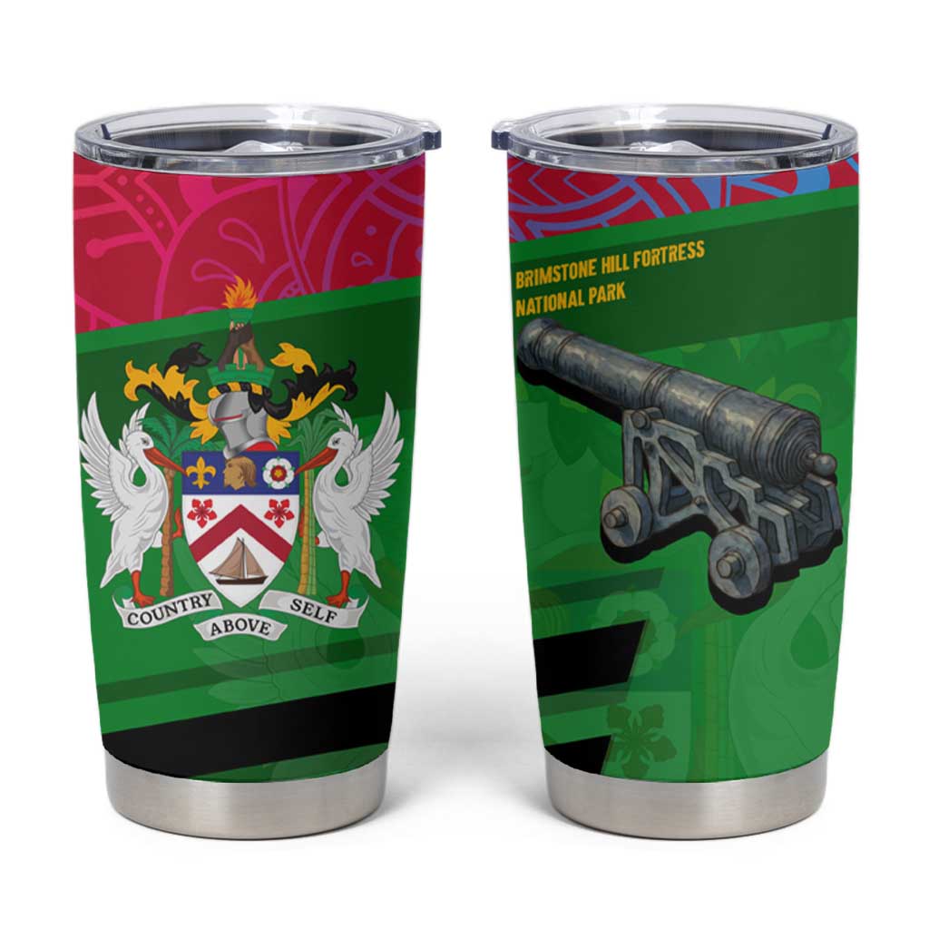 Saint Kitts and Nevis Apparel Tumbler Cup with National Coat of Arms and Cannon Graphic in Red and Green Cultural Pattern Design - Wonder Print Shop