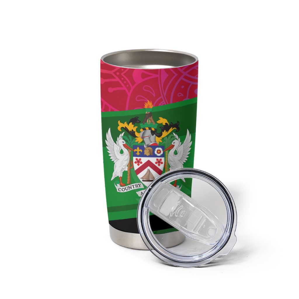 Saint Kitts and Nevis Apparel Tumbler Cup with National Coat of Arms and Cannon Graphic in Red and Green Cultural Pattern Design - Wonder Print Shop