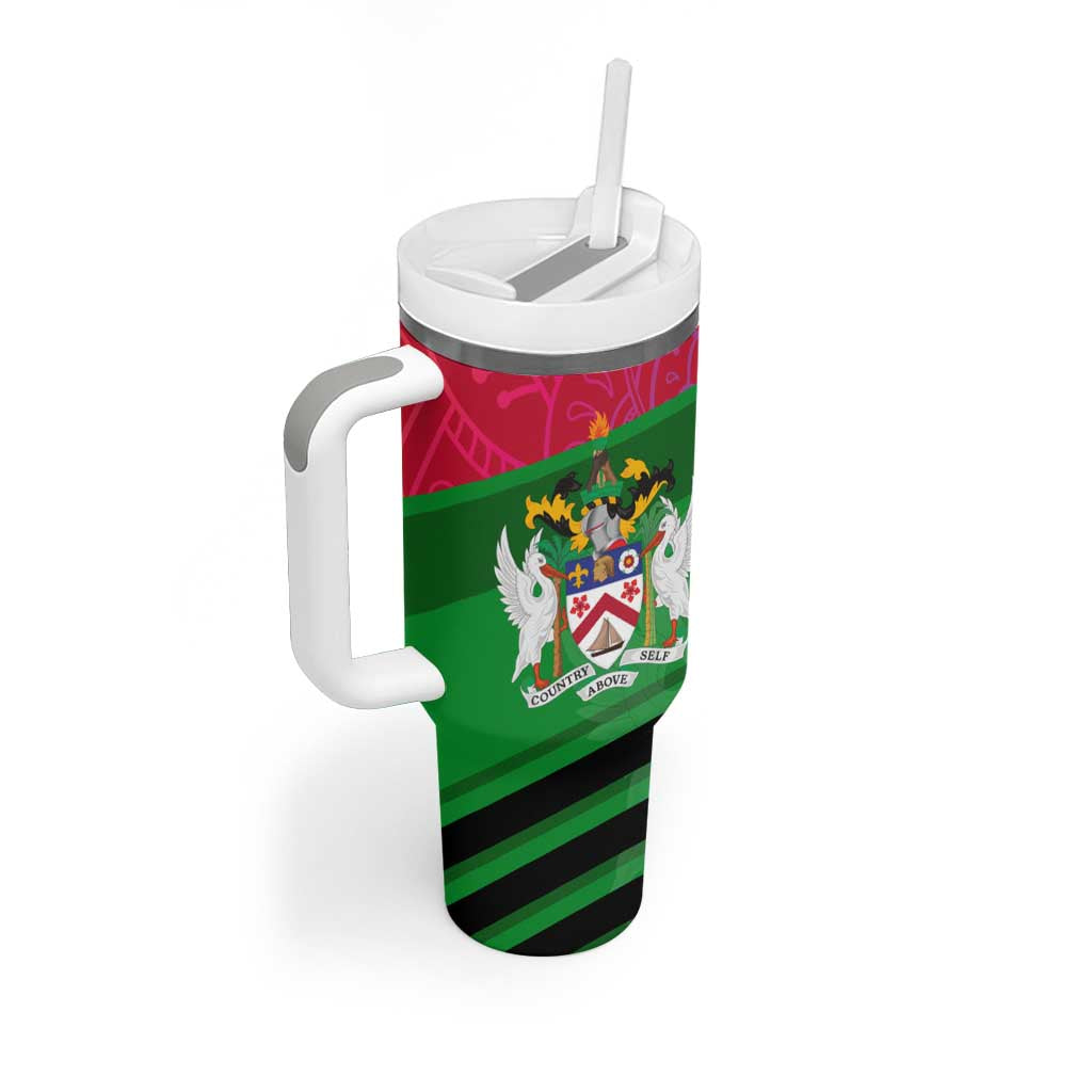 Saint Kitts and Nevis Apparel Tumbler With Handle with National Coat of Arms and Cannon Graphic in Red and Green Cultural Pattern Design - Wonder Print Shop