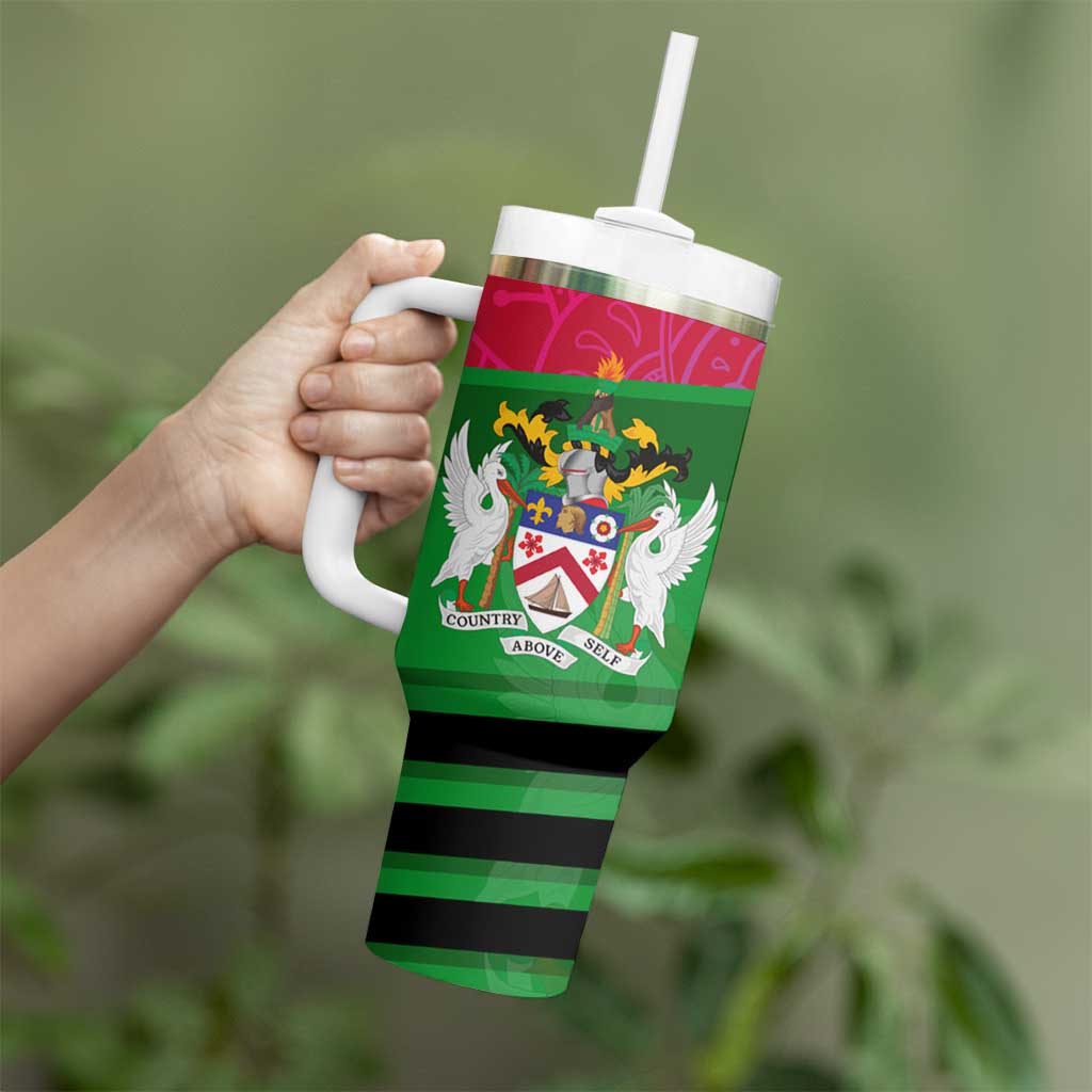 Saint Kitts and Nevis Apparel Tumbler With Handle with National Coat of Arms and Cannon Graphic in Red and Green Cultural Pattern Design - Wonder Print Shop