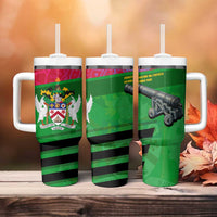 Saint Kitts and Nevis Apparel Tumbler With Handle with National Coat of Arms and Cannon Graphic in Red and Green Cultural Pattern Design - Wonder Print Shop