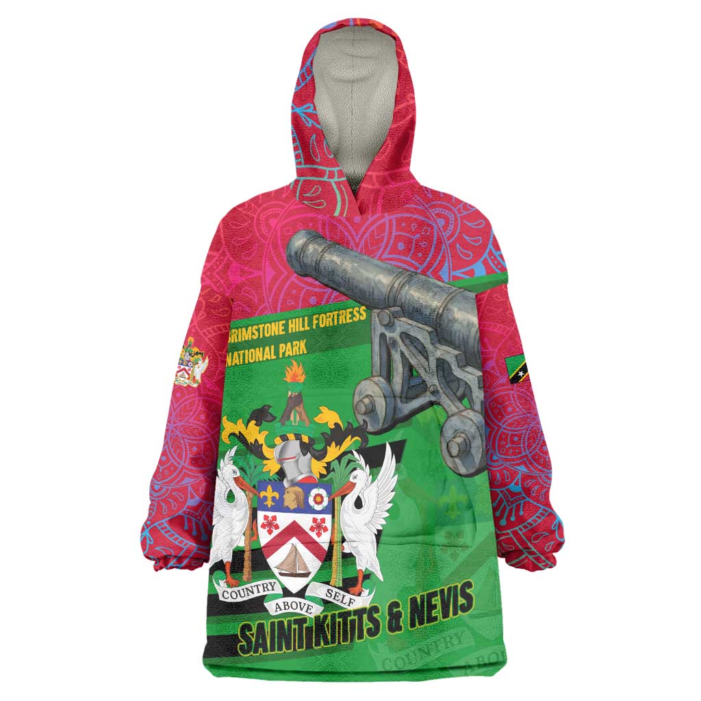 Saint Kitts and Nevis Apparel Wearable Blanket Hoodie with National Coat of Arms and Cannon Graphic in Red and Green Cultural Pattern Design - Wonder Print Shop