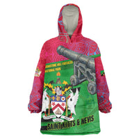Saint Kitts and Nevis Apparel Wearable Blanket Hoodie with National Coat of Arms and Cannon Graphic in Red and Green Cultural Pattern Design - Wonder Print Shop