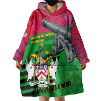 Saint Kitts and Nevis Apparel Wearable Blanket Hoodie with National Coat of Arms and Cannon Graphic in Red and Green Cultural Pattern Design - Wonder Print Shop