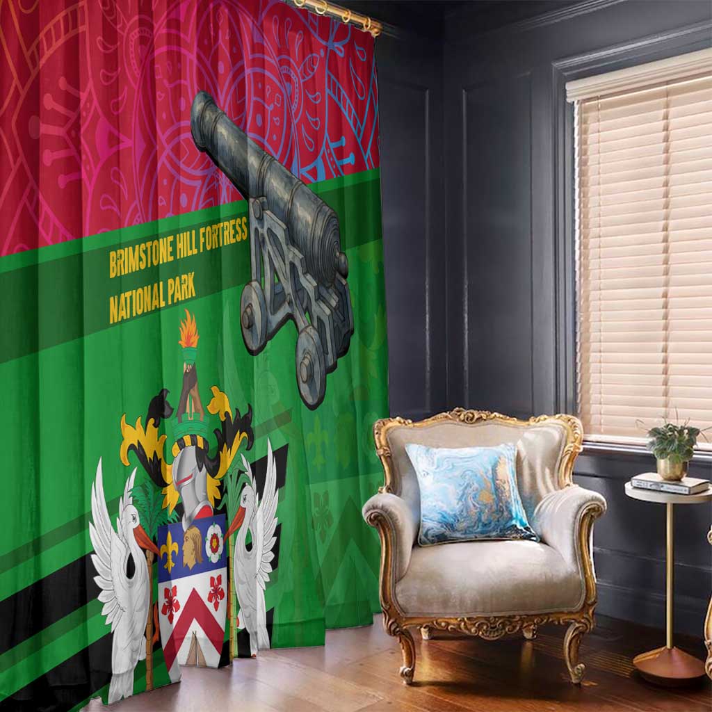 Saint Kitts and Nevis Apparel Window Curtain with National Coat of Arms and Cannon Graphic in Red and Green Cultural Pattern Design - Wonder Print Shop
