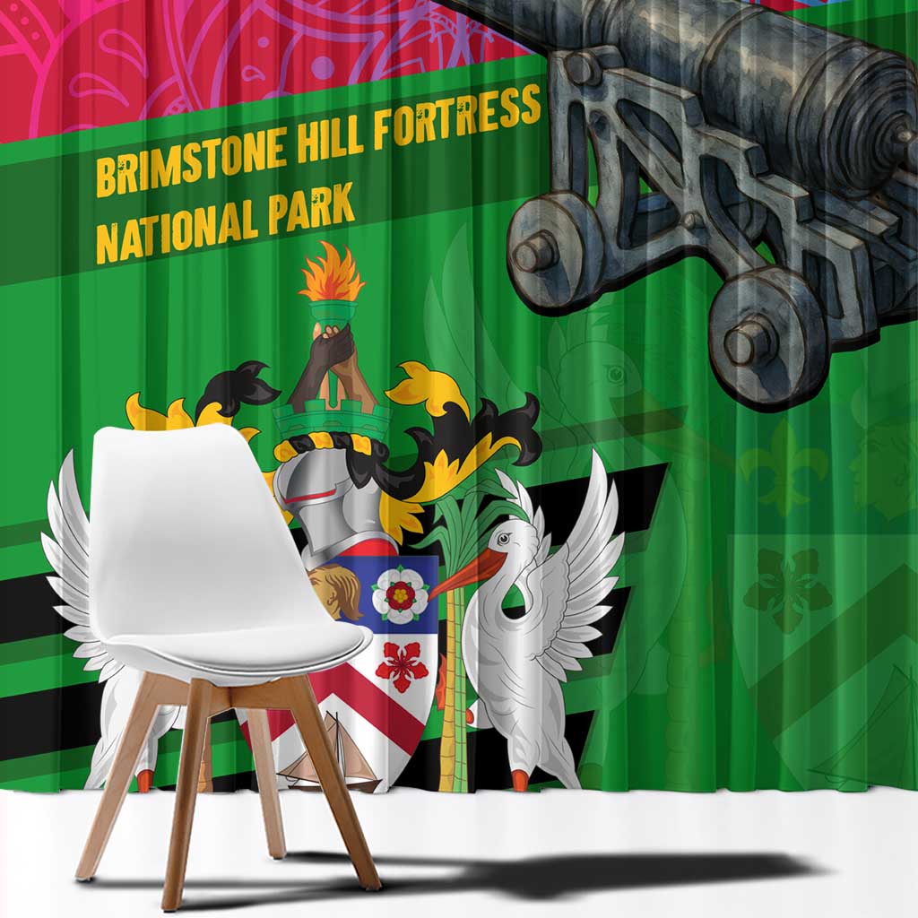 Saint Kitts and Nevis Apparel Window Curtain with National Coat of Arms and Cannon Graphic in Red and Green Cultural Pattern Design - Wonder Print Shop