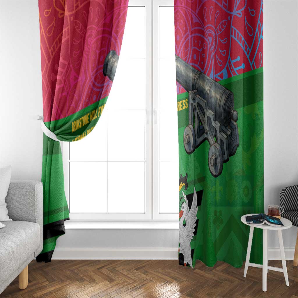 Saint Kitts and Nevis Apparel Window Curtain with National Coat of Arms and Cannon Graphic in Red and Green Cultural Pattern Design - Wonder Print Shop