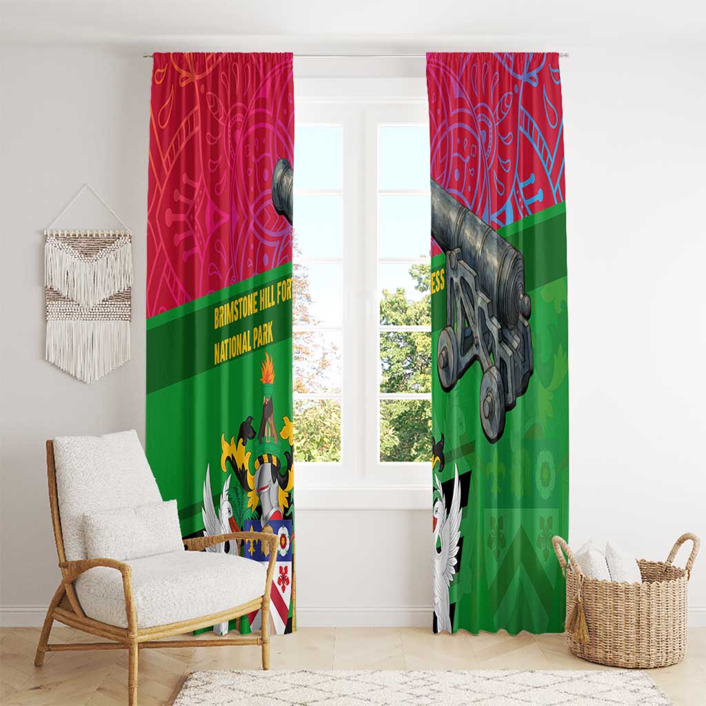 Saint Kitts and Nevis Apparel Window Curtain with National Coat of Arms and Cannon Graphic in Red and Green Cultural Pattern Design - Wonder Print Shop