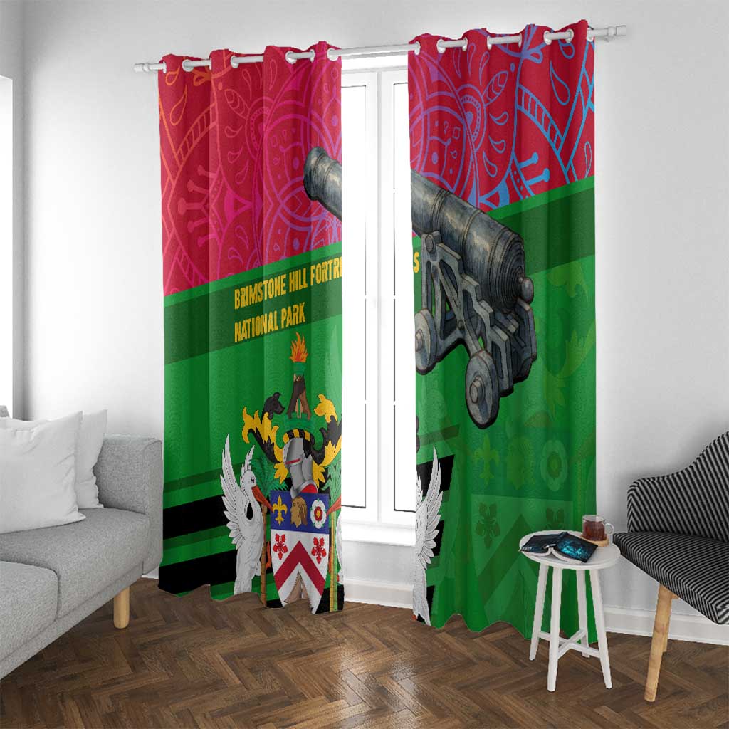 Saint Kitts and Nevis Apparel Window Curtain with National Coat of Arms and Cannon Graphic in Red and Green Cultural Pattern Design - Wonder Print Shop