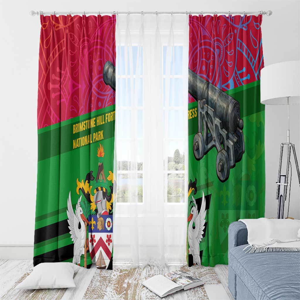 Saint Kitts and Nevis Apparel Window Curtain with National Coat of Arms and Cannon Graphic in Red and Green Cultural Pattern Design - Wonder Print Shop