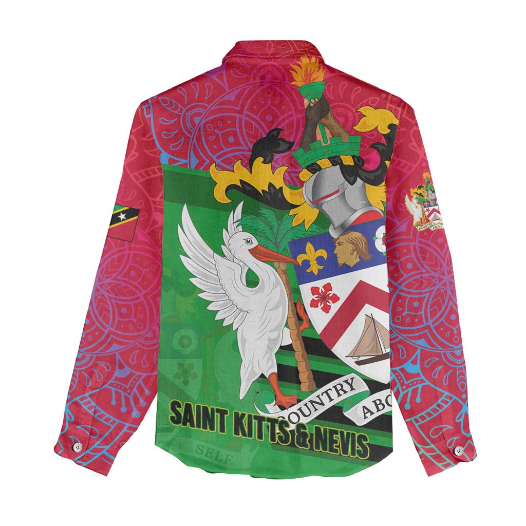 Saint Kitts and Nevis Apparel Women Casual Shirt with National Coat of Arms and Cannon Graphic in Red and Green Cultural Pattern Design - Wonder Print Shop