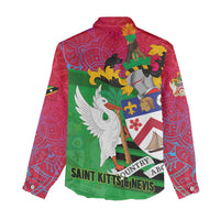 Saint Kitts and Nevis Apparel Women Casual Shirt with National Coat of Arms and Cannon Graphic in Red and Green Cultural Pattern Design - Wonder Print Shop
