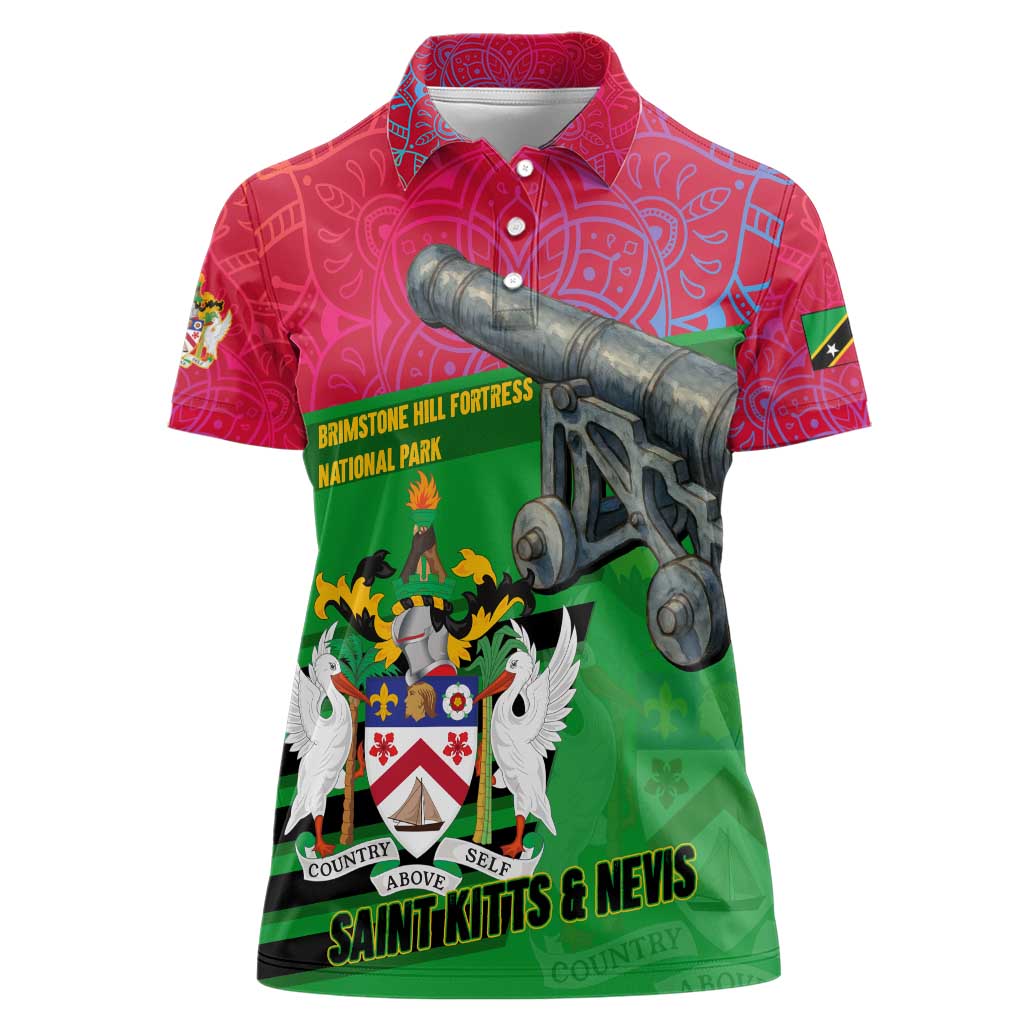 Saint Kitts and Nevis Apparel Women Polo Shirt with National Coat of Arms and Cannon Graphic in Red and Green Cultural Pattern Design - Wonder Print Shop