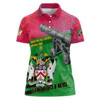 Saint Kitts and Nevis Apparel Women Polo Shirt with National Coat of Arms and Cannon Graphic in Red and Green Cultural Pattern Design - Wonder Print Shop