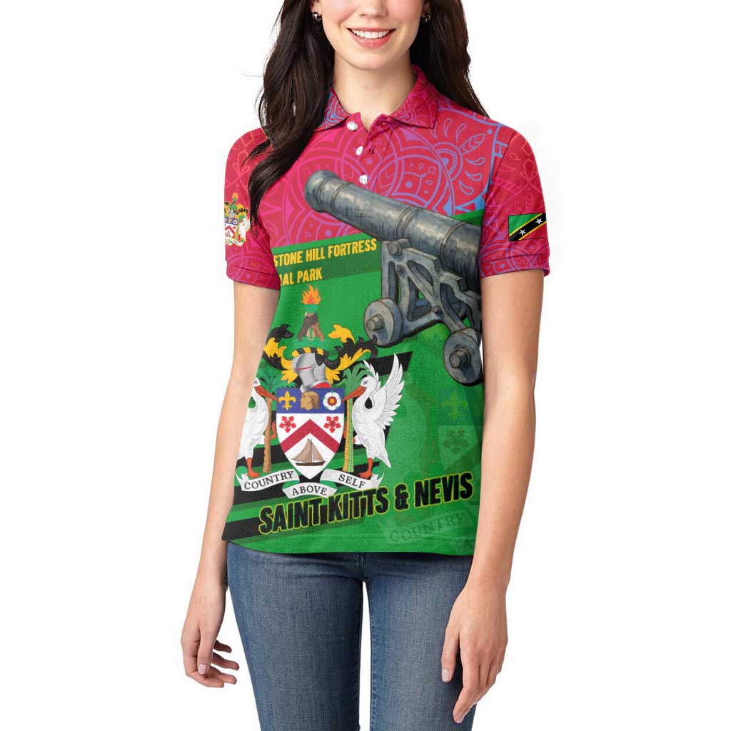 Saint Kitts and Nevis Apparel Women Polo Shirt with National Coat of Arms and Cannon Graphic in Red and Green Cultural Pattern Design - Wonder Print Shop