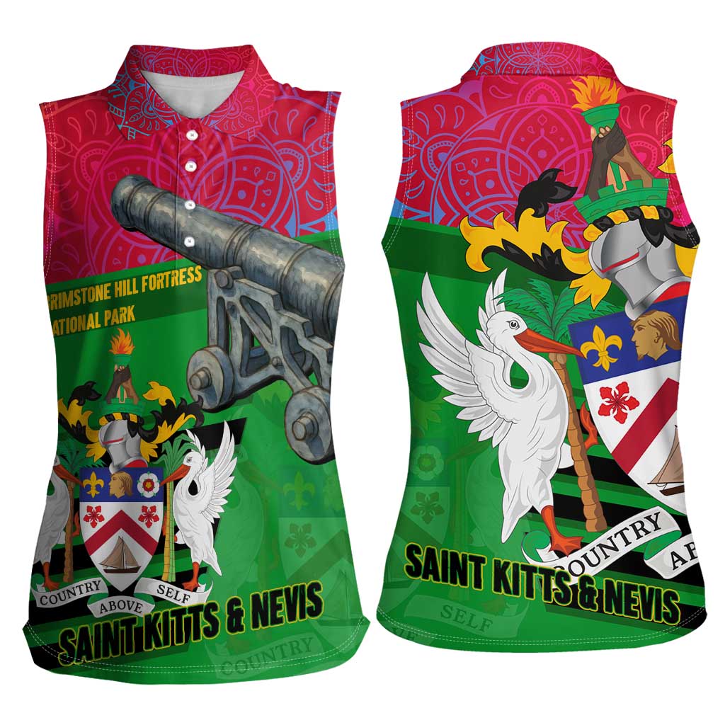 Saint Kitts and Nevis Apparel Women Sleeveless Polo Shirt with National Coat of Arms and Cannon Graphic in Red and Green Cultural Pattern Design - Wonder Print Shop
