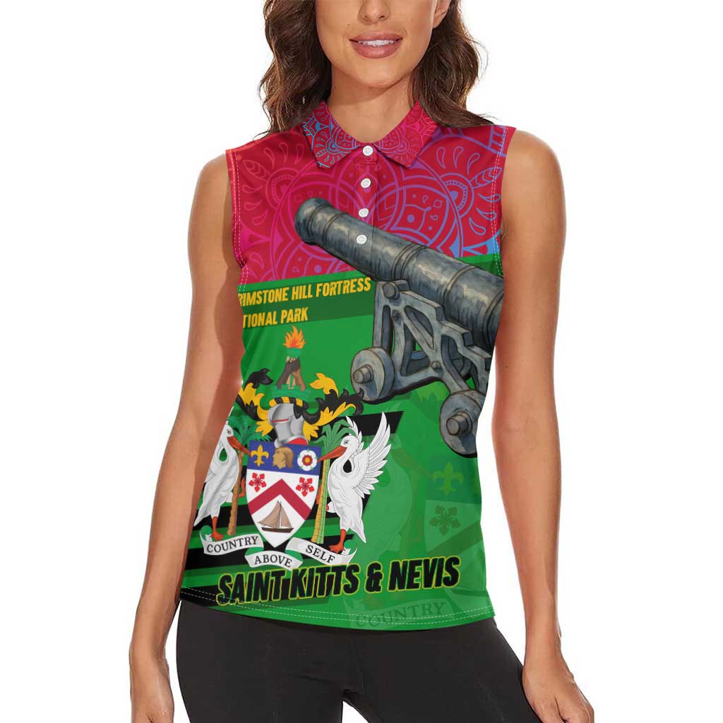 Saint Kitts and Nevis Apparel Women Sleeveless Polo Shirt with National Coat of Arms and Cannon Graphic in Red and Green Cultural Pattern Design - Wonder Print Shop