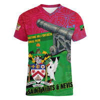 Saint Kitts and Nevis Apparel Women V-Neck T-Shirt with National Coat of Arms and Cannon Graphic in Red and Green Cultural Pattern Design - Wonder Print Shop