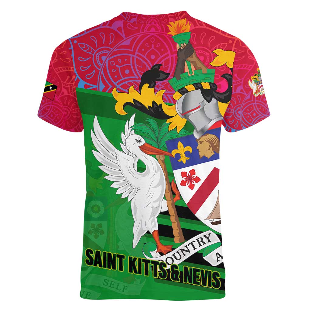 Saint Kitts and Nevis Apparel Women V-Neck T-Shirt with National Coat of Arms and Cannon Graphic in Red and Green Cultural Pattern Design - Wonder Print Shop