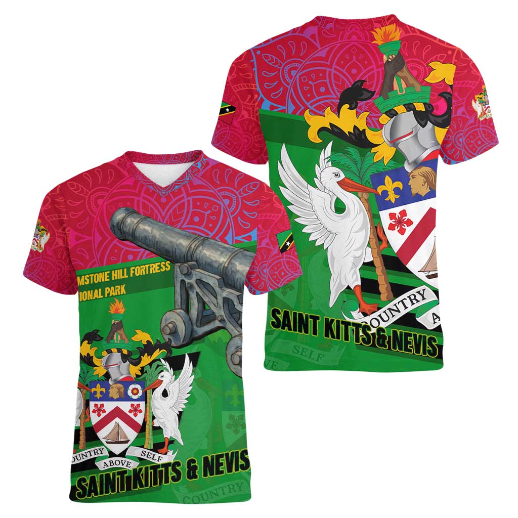 Saint Kitts and Nevis Apparel Women V-Neck T-Shirt with National Coat of Arms and Cannon Graphic in Red and Green Cultural Pattern Design - Wonder Print Shop